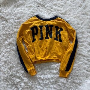 Victoria's Secret PINK Cropped Crewneck Sweater in Yellow with Navy Accents